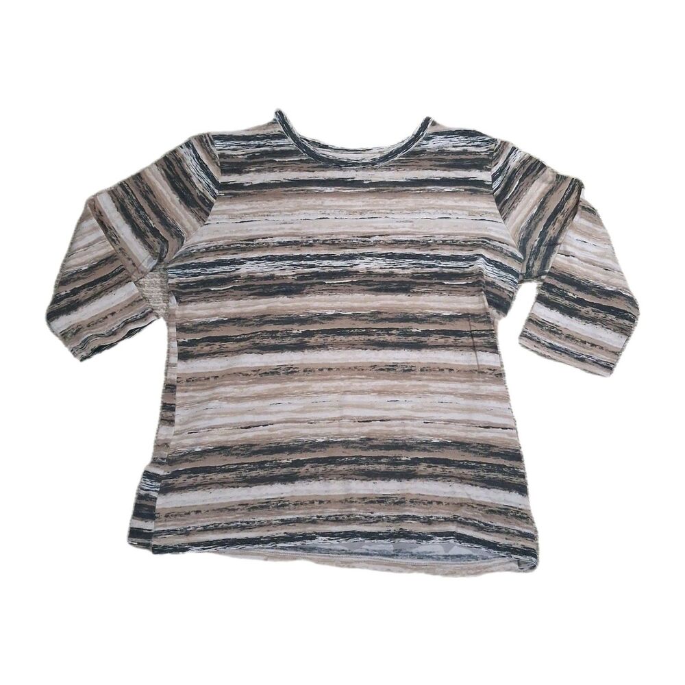 ​WOMENS MEDIUM 3/4 SLEEVE STRIPED KNIT TOP NEUTRAL BROWN TAN CASUAL BLOUSE SHIRT